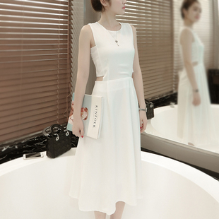 韩国时尚裙子夏新款韩版露腰修身气质感性性感无袖背心白色连衣裙