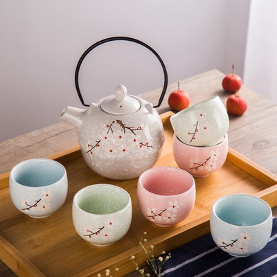 日式和风陶瓷功夫茶具套装结婚礼品韩式茶杯花草茶具红色茶壶套装