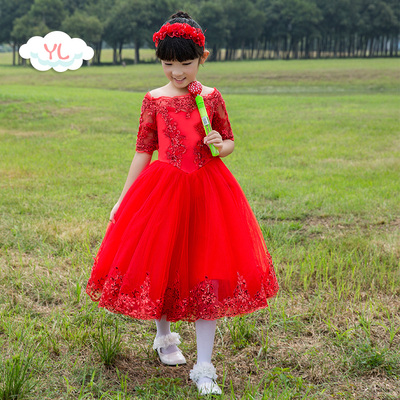 2017新款韩国女童新年装红色儿童演出礼服大童蓬蓬裙主持人晚礼服