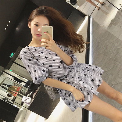 2016夏季新款女装韩版显瘦条纹系带星星印花短裙宽松中袖连衣裙