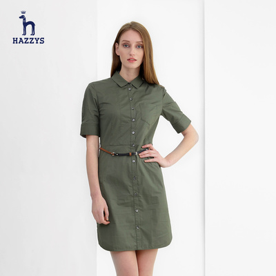 Hazzys哈吉斯女装2015夏季新品衬衫式收腰显瘦气质长款连衣裙女