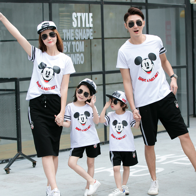 亲子装三口夏装2016新款韩版时尚全家装母子母女短袖T恤休闲套装