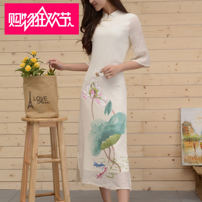 中国风女装手绘复古长款长袖唐装华族经典特价时尚雪纺旗袍连衣裙