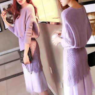 2016春秋装新款韩国中长款修身套装裙蝙蝠袖毛衣针织两件套连衣裙