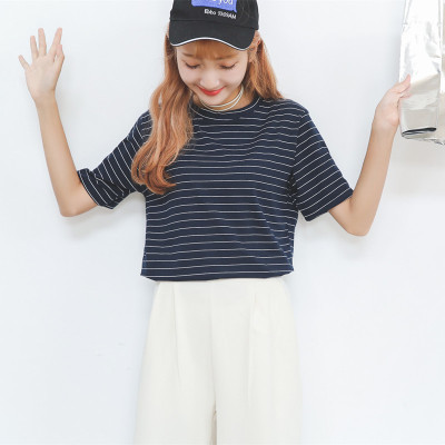 2016夏季新款韩版女装t恤短袖纯棉宽松条纹海军风短袖厂家批发355