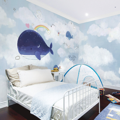 简约儿童房卡通鲸鱼墙纸卧室幼儿园背景墙壁纸手绘3d云彩墙布壁画