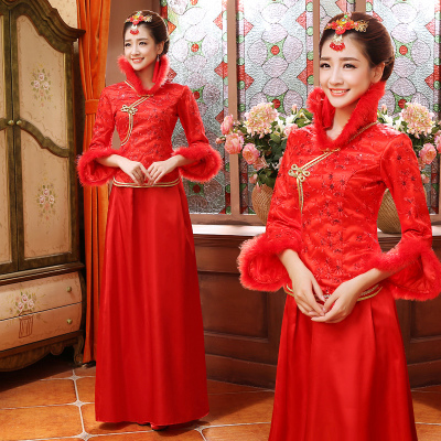 新娘敬酒服2015新款冬季长袖改良红色中式结婚礼服长款秋旗袍裙女