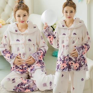 冬季韩版加厚超柔法兰绒紫水墨月子服产妇开衫可哺乳孕妇居家服