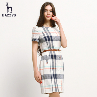 Hazzys哈吉斯女装2015夏季新品时尚休闲舒适亚麻格子女连衣裙