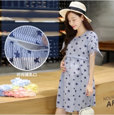 2016韩版星星款夏季中长款孕妇哺乳宽松透气连衣裙可喂奶