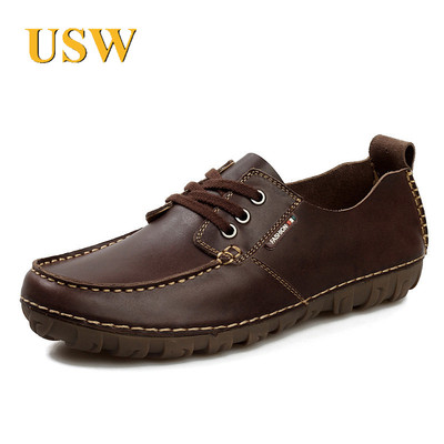 USW定制 2016春季新款低帮商务休闲鞋英伦真皮系带圆头男士豆豆鞋