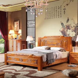 松上 包邮仿古中式实木床1.8米双人床雕花高箱储物床卧室成人婚床
