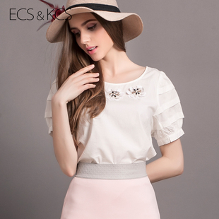 伊丝卡丝 2015夏装新款白色上衣女衬衫 立体花朵镶钻泡泡短袖衬衣
