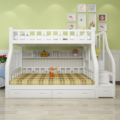 实木子母床松木双层床木头儿童床高低床上下铺梯柜母子床白色童床