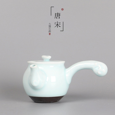 景德镇手绘茶具青釉碗无光白瓷盖碗茶碗三才碗侧把壶茶壶薄胎包邮