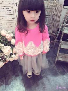 2015女童秋季新款长裙 韩版宝宝儿童装长袖蕾丝卫衣+纱裙2件套装