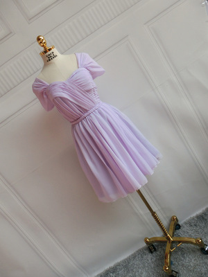 粉紫色修身显瘦伴娘团姐妹团裙双肩生日礼服演出年会派对小礼服短