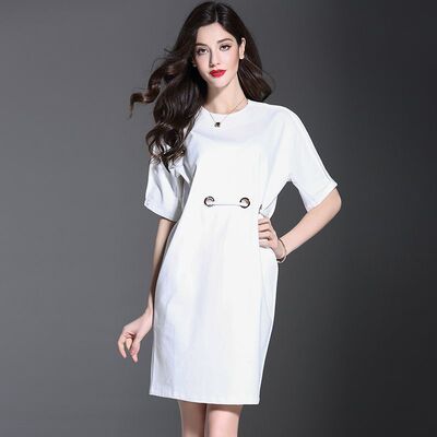 欧洲站2016夏装新款白色大码连衣裙女中长款高腰短袖性感潮A字裙
