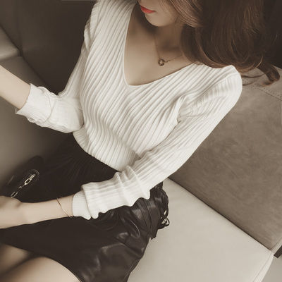 YOMI家冬季韩国新款 好质量V领长袖纯色修身显瘦薄针织衫打底衫女