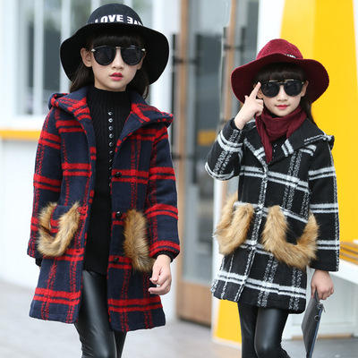 女童秋装外套2016新款冬装连帽格子上衣儿童韩版中长款呢大衣潮服