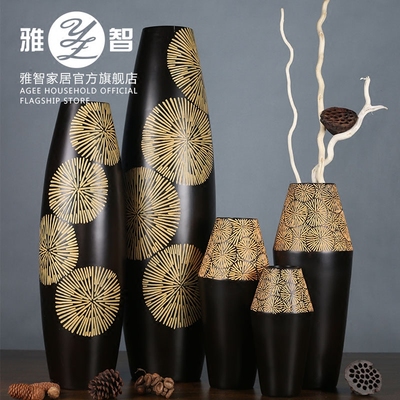 雅智树脂深棕色太阳花榄型高档花瓶中式欧式现代百搭送礼时尚摆件