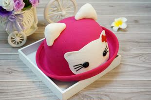 韩版kitty猫猫耳男女童潮帽冬秋季新品呢绒盆帽可爱猫咪羊呢帽子