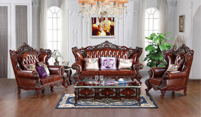 名居扬正品双面雕花棕红色欧式真皮沙发美式豪华客厅家具组合沙发