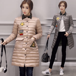 2016冬季韩版修身棉服女中长款印花衬衫领羽绒棉服薄