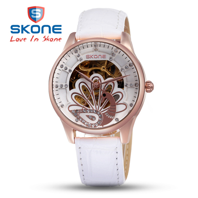 正品SKONE 镶钻镂空女士机械手表 时尚高端真皮女表孔雀图 女腕表