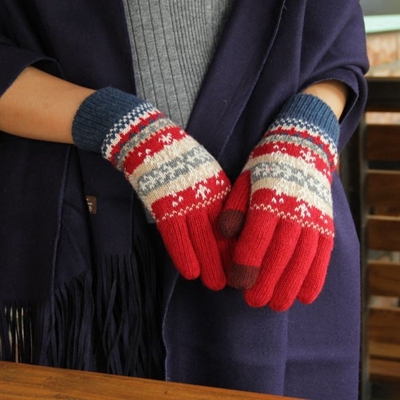 日本羊毛羊绒加厚双层保暖手套 冬季复古针织雪花花男女触屏手套