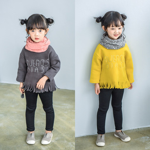 2016冬季童装韩版新款女童上衣流苏印花加绒长袖套头卫衣百搭潮