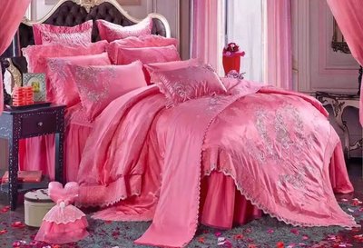 婚庆床上用品贡缎全棉纯棉结婚九件套多件套四件套六件套玫粉色