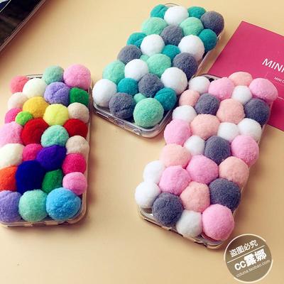 韩国代购彩色粉毛绒毛球iPhone6/5S苹果6s plus镜面手机壳硅胶套