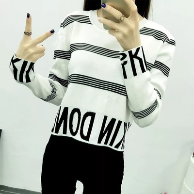 2016春季新款韩版时尚修身圆领条纹字母拼色针织衫上衣