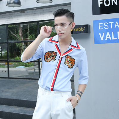 POP夏季2017男士韩版修身衬衫五分袖青年老虎刺绣纯色半袖衬衣潮