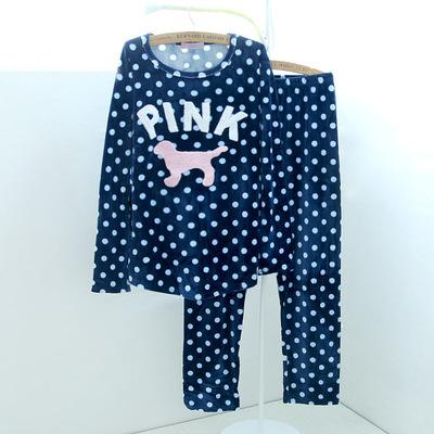秋冬季新款可爱PINK超柔韩国绒女士睡衣冬季加厚波点卡通长袖套装
