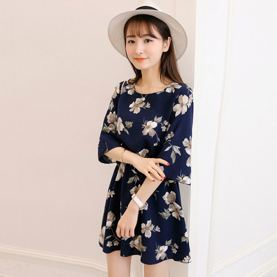 2016夏季韩版新款女装小清新修身花朵印 花蝙蝠袖A字大摆连衣裙