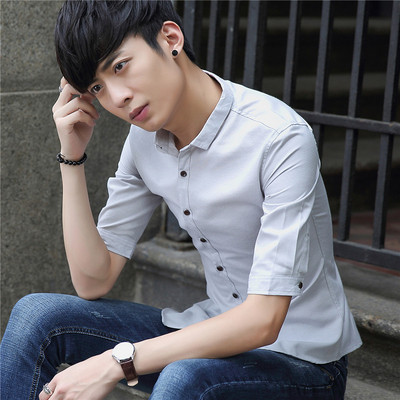 灰色夏季亚麻短袖衬衫韩版修身青年发型师七分男士五分中袖潮