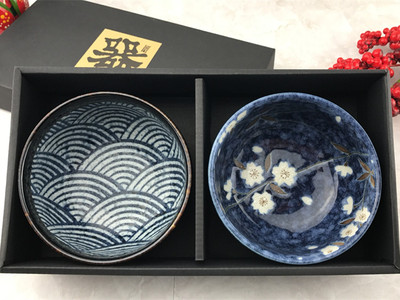 日本米饭碗 美浓烧蓝绘变樱花青海波4.0多用碗礼盒 结婚送礼团购