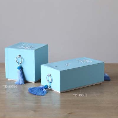 正品现代中式淡蓝色皮革珠宝首饰盒摆件清爽储物盒礼品盒方形一套