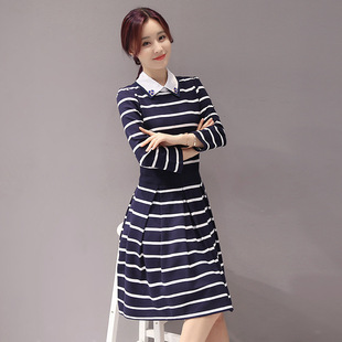 秋季新品时尚韩版女装娃娃领七分袖连衣裙中长款女条纹宽松打底裙