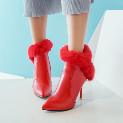 2016冬季新款短靴女时尚尖头兔毛高跟靴侧拉链红色结婚鞋大小码潮