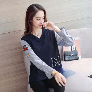 2016新款韩版V领长袖套头拼接条纹衬衫字母假两件衬衣女上衣