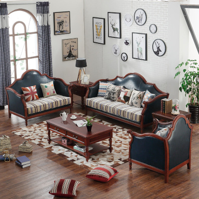 美式乡村沙发组合 真皮沙发欧式沙发简约全实木沙发 小美皮艺沙发