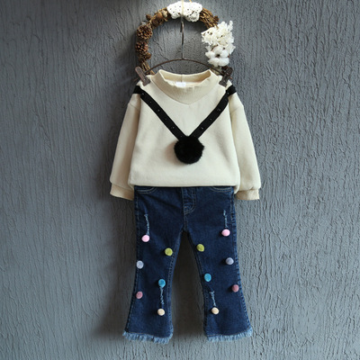 女童秋装2016新款韩版宝宝儿童上衣圆领个性小毛球加厚长袖卫衣
