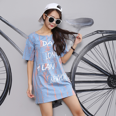 2016夏季韩版潮流大码女装简约字母印花圆领中长款短袖宽松T恤裙