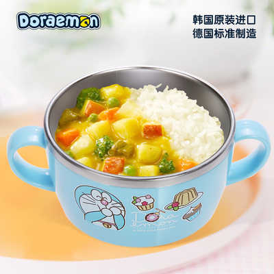 韩国进口哆啦A梦叮当猫不锈钢双手柄碗配盖宝宝辅食碗儿童餐具