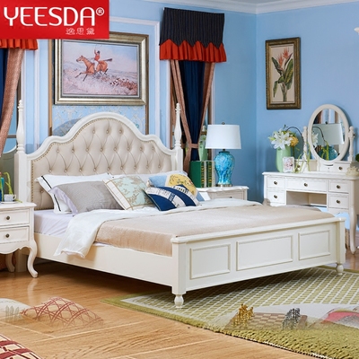 美式全实木床 1.8米桃花心木双人床 储物高箱床 婚床 带软靠 白色