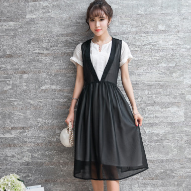 2016夏新款中长款连衣裙套装韩版显瘦短袖打底裙雪纺背带裙两件套