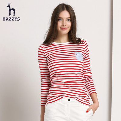 Hazzys哈吉斯2015秋季新品女装条纹长袖T恤女 纯棉英伦圆领T恤